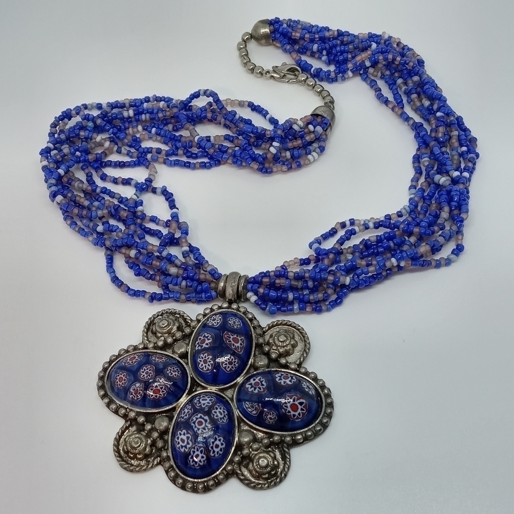 * vintage millefiori Murano glass & metal pendant on seed bead necklace 16.5"